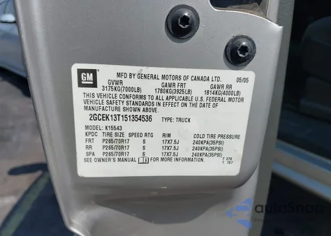 2005 Chevrolet Silverado 1500 Z71 from USA, damaged, VIN 2GCEK13T151354536